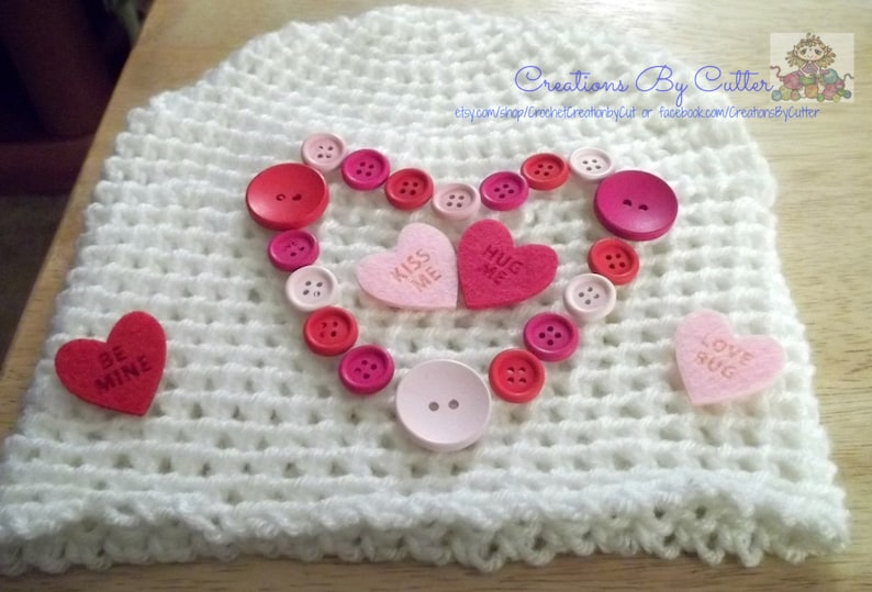 Hot Pink Costume Love Heart or Valentines Beanie Hat Hearts,Wooden Button Heart Photo Prop Pink Crochet Conversational Hearts Red