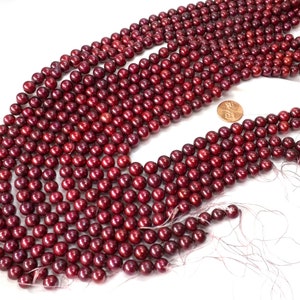 Deep Cranberry Red Colored Large 9-10mm High Quality Round Pearls On Loose Strands Clearance Sale
