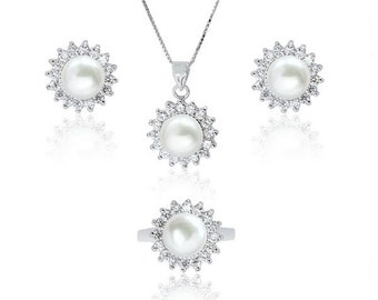 9mm Pearl Necklace Earrings and Ring Set in Silver 16in Chain