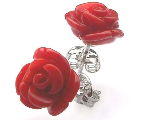 8mm Coral Red Rose Post Earrings In SOLID 925 Sterling Silver – Victorian Style, Handmade, With Anti-Tarnish Tabs By Amazingly Gracious