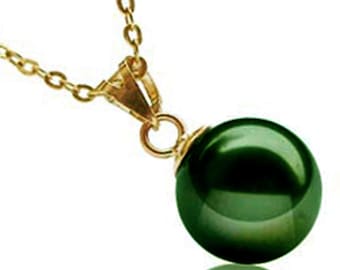 14K Gold 9-12mm Truly Round Tahitian Green Pearl Pendant