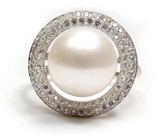 Bague Fantaisie Argent Et Perle Teintée - Taille 10 - Occasion