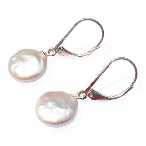 Coin Pearl Leverback 925 Sterling Silver Earrings in White Pink or Mauve Pearls