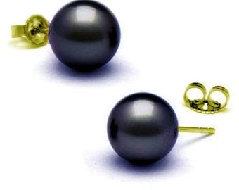 May include: A pair of dark gray pearl stud earrings with gold-colored posts and backs. The pearls are round and have a glossy finish. The earrings are set against a white background.