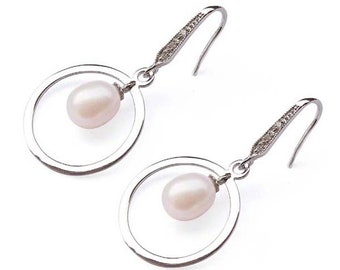 6-7mm AAA Drop Pearl Silver Earrings in a Hoop with Cz Diamonds