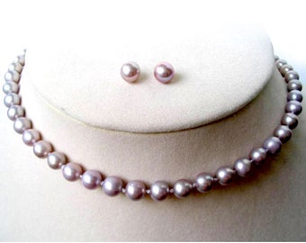 Limited Time – White Pink Lavender and Black Round 6-7mm Real Pearl Necklace and Earrings Set of 2 All in 925 Sterling Silver