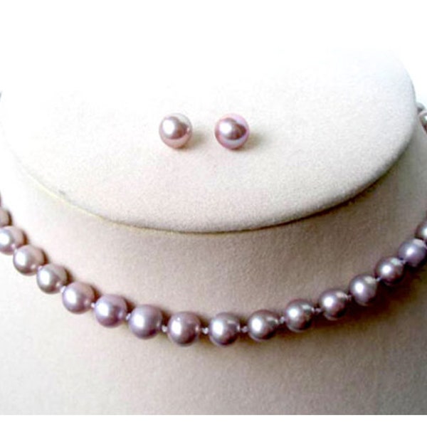 Limited Time – White Pink Lavender and Black Round 6-7mm Real Pearl Necklace and Earrings Set of 2 All in 925 Sterling Silver