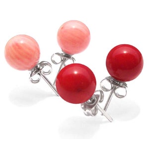 Genuine 8-9mm Round Coral Silver Stud Earrings