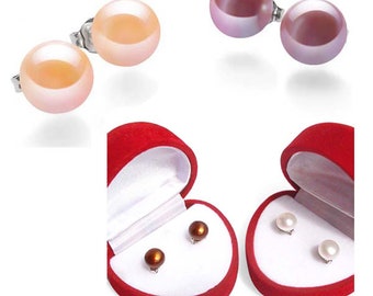 Real 7-8mm or 8-9mm Pearl Stud Earrings 925 Sterling Silver White Pink Red Green Black Blue All Colored Pearls