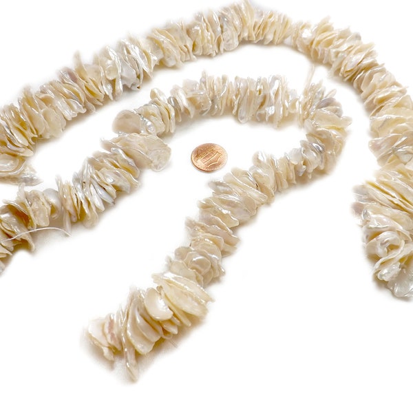 Center Drilled 20x30mm Huge Sized Rare 130 Cream White Colored Super Thin Keshi or Petal Pearls on a Strand