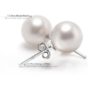 7-8mm AAA- Round Pearl Stud Earrings 925 Silver