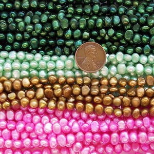 Dark Green Light Green Brown and Hot Pink 5-6mm Baroque Pearl Strands