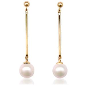 Long Dangling 7-8mm Round Pearl Earrings 14K Solid Gold