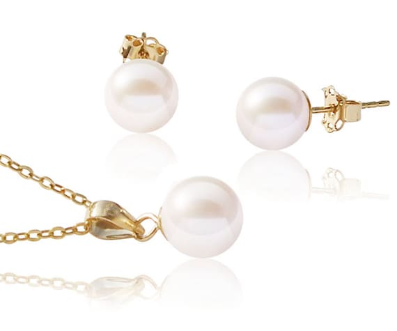 Buy 7-8mm Round Pearl Pendant and Earrings Set in 14K Gold Online