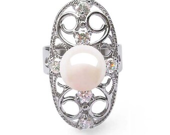 Oval Pearl Ring - Sterling Silver, Cubic Zirconia Diamonds