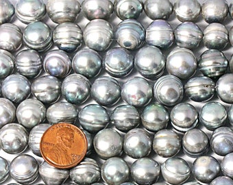 Black, Gray or White Large 12-13mm Side Drilled Semi-Round Pearl Strands with Large 2mm, 2.5mm or 3mm Holes