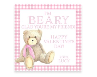 I'm BEARY glad | Pink Watercolor Bear VALENTINE TAG