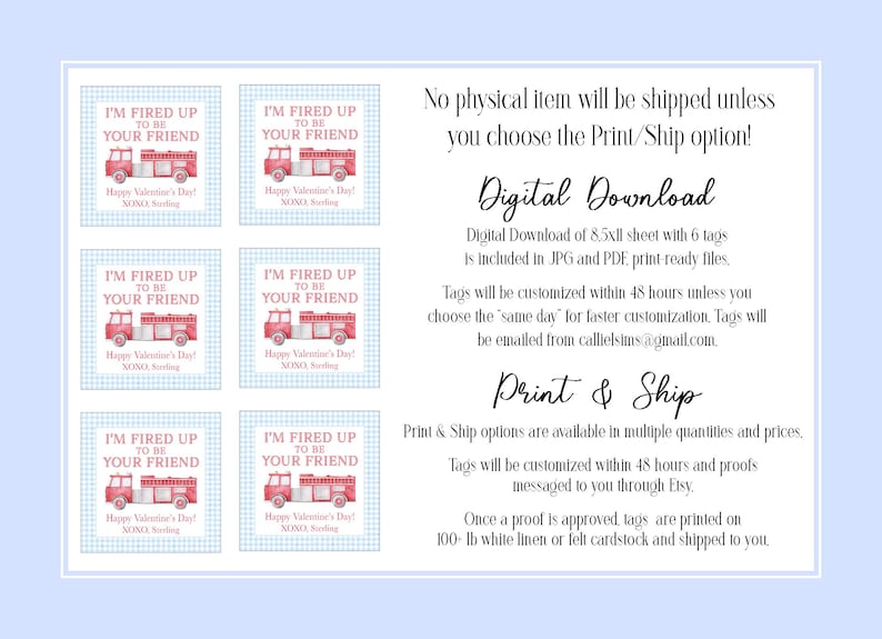 May include: Six printable Valentine's Day gift tags featuring a red fire truck with the text "I'm fired up to be your friend!"  Happy Valentine's Day! NONO  The tags are on a blue and white gingham background.