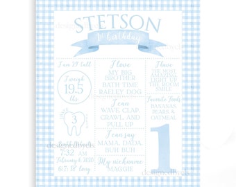 May include: A blue and white gingham background with a blue watercolor banner that says "Stetson 1st birthday". The poster includes details about the child's first year, including their height, weight, favorite foods, and things they can do.