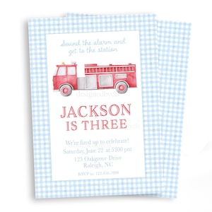 Gingham Firetruck Invitation | Digital Download Option | Print/Ship Option