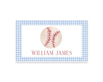 May include: A blue and white gingham border surrounds a white background with a red baseball and the name "WILLIAM JAMES" in red text.