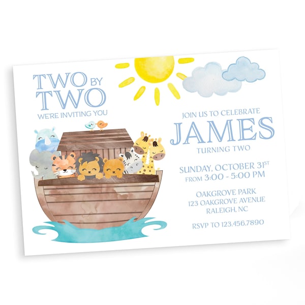 TWO BY TWO | Noah's Ark Birthday Invitation | Digital Download and Print/Ship Options