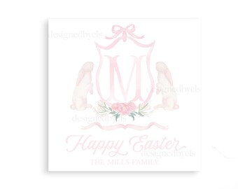 Peut inclure: Une illustration aquarelle rose et blanche d'un monogramme avec la lettre "M" dans une forme de bouclier. Deux lapins blancs encadrent le bouclier, et un ruban rose avec un nœud est au-dessus du bouclier. Le texte "Joyeuses Pâques" est sous le bouclier, et le texte "La famille Mills" est en dessous.