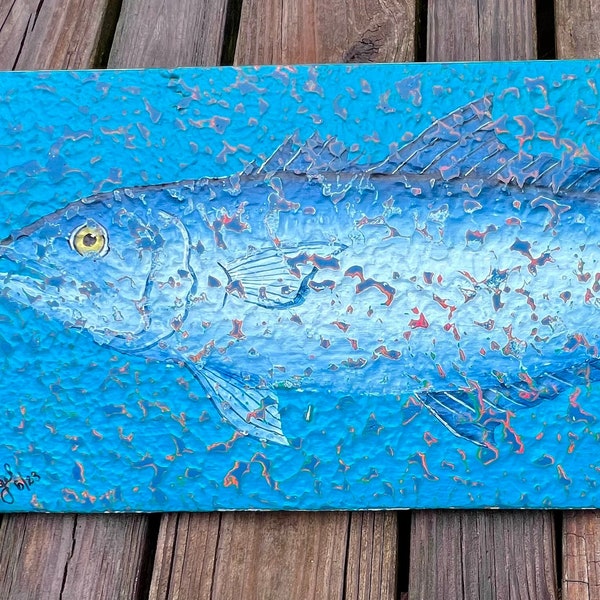 Hand-painted bluefish on reclaimed pallet wood, coastal decor, size 25x10.5"