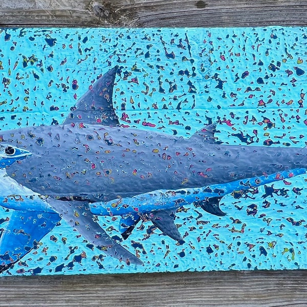 Hand-painted hammerhead shark on reclaimed pallet wood, coastal decor, size 35X16"