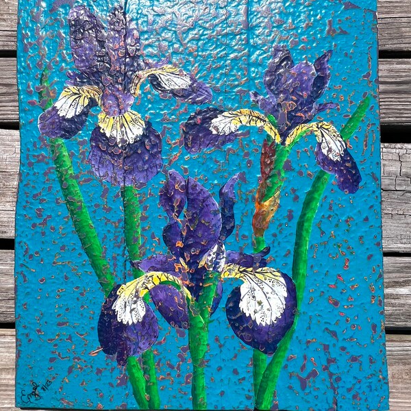 Hand-painted iris flowers on reclaimed pallet wood, size 17x20"