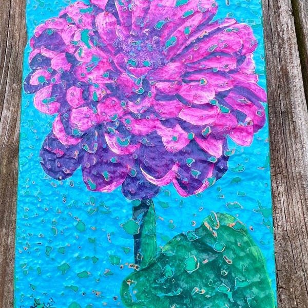 Hand-painted pink zinnia on reclaimed pallet wood, size 9x13"