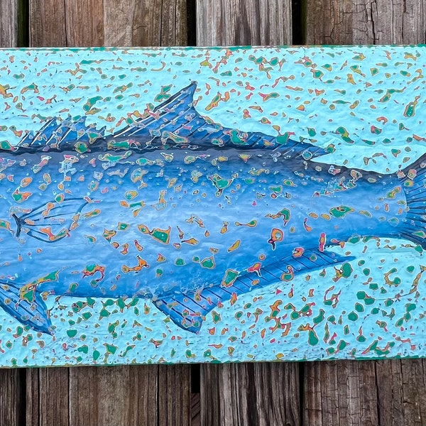 Hand-painted bluefish on reclaimed pallet wood coastal decor, size 25x10.5"