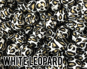 Silicone Beads, 15 mm White Leopard Silicone Beads 5-100 (aka Animal Print) - Bulk Silicone Beads Wholesale