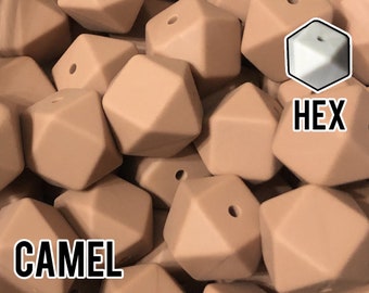 Silicone Beads, 17 mm Hexagon Camel Silicone Beads 5-1,000 (aka Tan, Light Brown, Beige) Geometric Bead