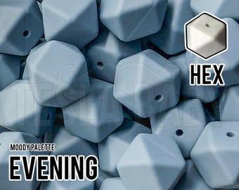 Cuentas hexagonales de silicona de 17 mm para la noche - Paleta de colores suaves - 5-1000 (también conocido como azul apagado, azul empolvado, azul grisáceo) Venta al por mayor