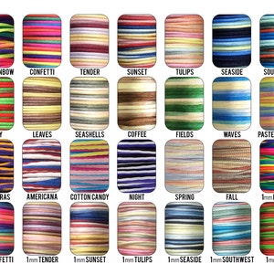 May include: A collection of 30 different colors of 1mm waxed cotton cord, including Neon Rainbow, Confetti, Tender, Sunset, Tulips, Seaside, Southwest, Holly, Leaves, Seashells, Coffee, Fields, Waves, Pastel Rainbow, Mardi Gras, Americana, Cotton Candy, Night, Spring, Fall, 1mm Rainbow, 1mm Confetti, 1mm Tender, 1mm Sunset, 1mm Tulips, 1mm Seaside, 1mm Southwest, and 1mm Holly.