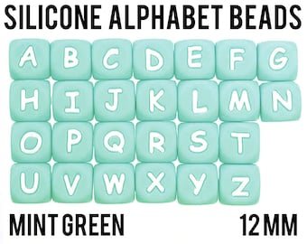 Mint - A-Z Silicone Alphabet Cube Beads - 12 mm square - Bulk Silicone Beads Wholesale - DIY Jewelry - Green Alphabet Letter Beads
