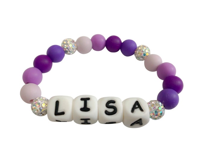 Super Sparkly Purple Princess Name Bracelet  - Princess Jewelry - Silicone Beads - Girl Gift - Princess Party Favor
