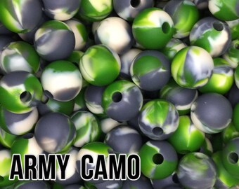 Silicone Beads, 15 mm Army Camo Silicone Beads 5-1,000 (green, grey, ivory) Bulk Silicone Beads Wholesale