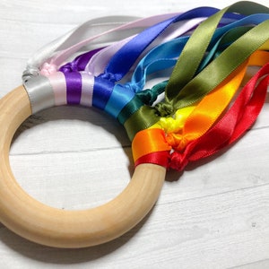 Rainbow Ribbon Wood Ring - Hand Kite - Ribbon Ring - Montessori / Waldorf
