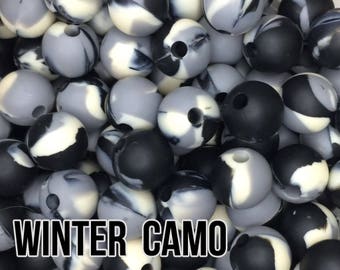 Silicone Beads, 15 mm Winter Camo Silicone Beads 5-1,000 (black, grey, ivory) Bulk Silicone Beads Wholesale