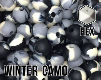 Silicone Beads, 17 mm Hexagon Winter Camo Silicone Beads 5-1,000 (black, grey, ivory) - Bulk Silicone Beads Wholesale