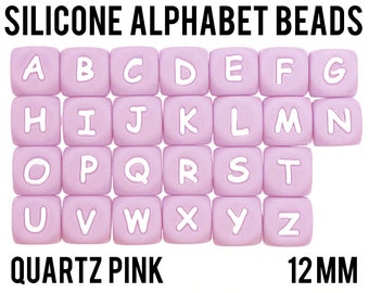 Quartz - A-Z Silicone Alphabet Cube Beads - 12 mm square - Bulk Silicone Beads Wholesale - DIY Jewelry - Pink Alphabet Letter Beads
