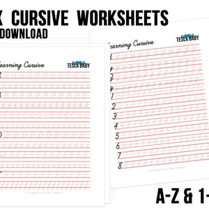 Op de afbeelding: Zes cursieve schrijfwerkbladen voor kinderen. De werkbladen bevatten het alfabet A-Z en de nummers 1-20. Elke letter en elk nummer is in cursief schrift op een aparte regel geschreven met rode lijnen als richtlijn.