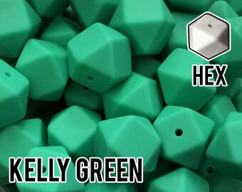Silicone Beads, 17 mm Hexagon Kelly Green Silicone Beads 5-100 (aka Bright Green, Medium Green, Irish Green) Beads Wholesale Silicone Beads