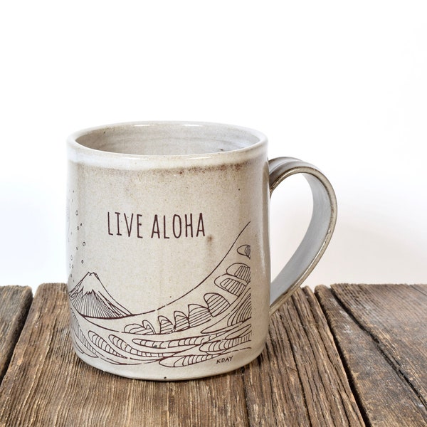 Live Aloha. Wave mug. Handmade ceramic mug. Hawaii love mug. Best coffee mug. Original wave art. In Stock.