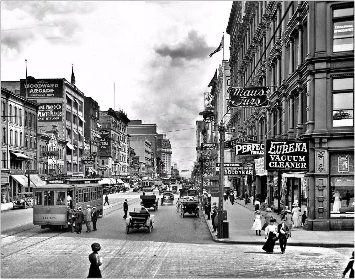 1910 - Woodward Avenue Detroit (MI). Original Archival restoration and remastered print.. 1910 - Woodward Avenue Detroit (MI). Original Archival restoration and remastered print..