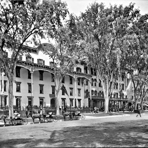 May include: A black and white photograph of a row of buildings with large trees in front. The buildings have large windows and porches. There are horse-drawn carriages in front of the buildings.