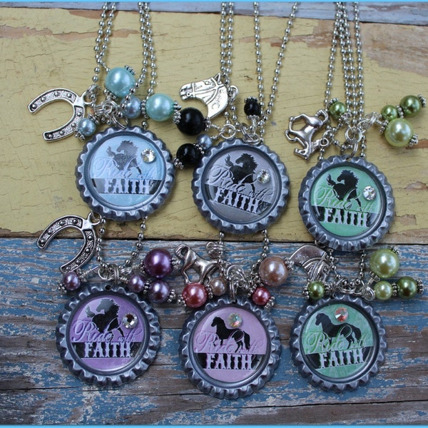 Inspirational "Ride with FAITH" bottlecap necklace - With coordinating beads, charm and swarovski crystal - Proudly made in Alabama.