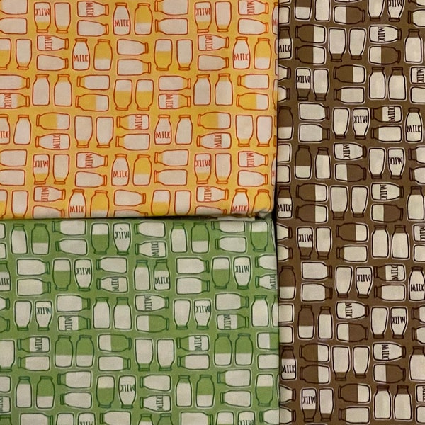 Farm Fun Milk Bottles in Green, Yellow Or Brown by Stacy Iest Hsu for Moda Fabrics FQ or more